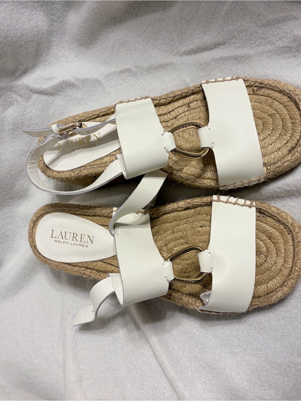 Lauren Ralph Lauren White Espadrille Slide Sandals with Gold Ring